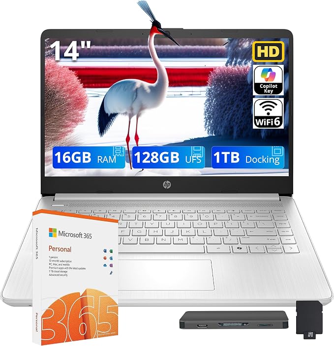 HP Stream 14" HD Student & Business Laptop, Intel Processor N150, 16GB RAM, 1.12TB Storage (128GB UFS + 1TB Docking Station), Intel Graphics, 1 Year Office 365, Wi-Fi 6, Win 11, Silver by HP