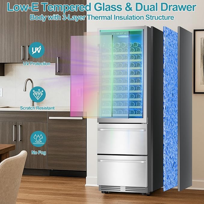 Wine and Beverage Refrigerator, 24'' Dual Zone Wine Fridge with Dual Drawers, Holds 160 Cans and 120 Bottles, Reversible Door, Built-In or Freestanding, Beverage Fridge for Home or Commercial - Image 3