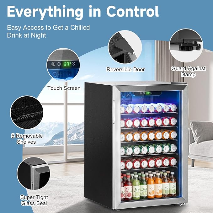 Erivess Compact Freestanding Beverage Refrigerator,145 Can/4.5 Cubic Feet Mini Fridge with Reversible Glass Front Door for Soda, Beer or Wine, Under Counter Drink Dispenser with Adjustable Shelves - Image 2
