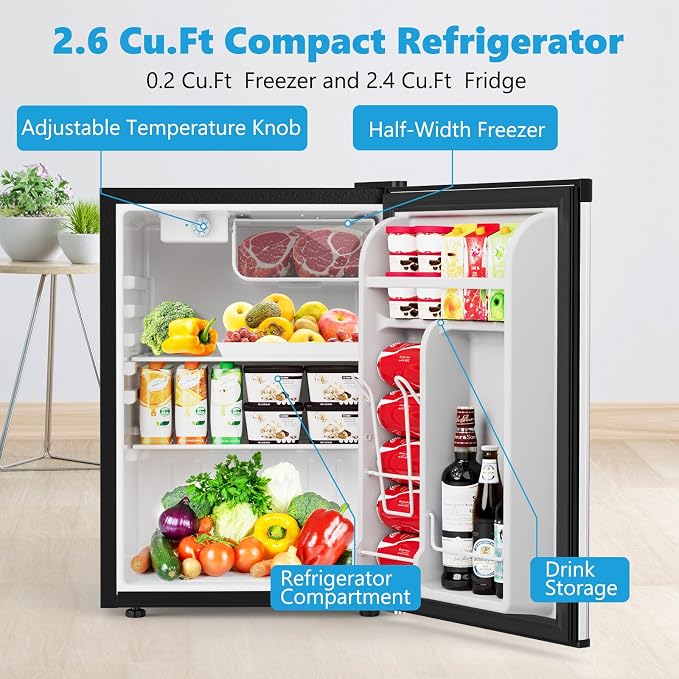 COWSAR 2.6 Cu.Ft Mini Fridge with Freezer for Bedroom Dorm, Silver | Single Reversible Door, 7 Temperature Settings, Energy Saving, 2 Removable Glass Shelves, Small Refrigerator for Apartment - Image 2