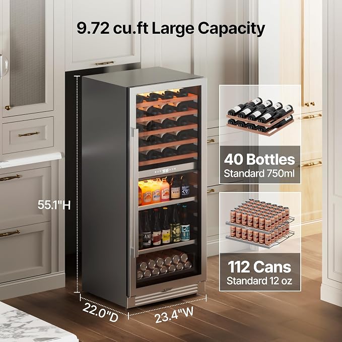 Ca'Lefort 24 Inch Dual Zone Wine & Beverage Center, 112 Can & 40 Bottle | 55-Inch Tall Wine Cellar, Quiet Inverter Compressor, Precise 40-65°F Temperature Control, Glide-Out Shelves & Storage Drawer - Image 2