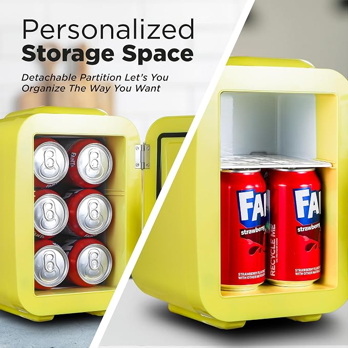 IceBox 4-Liter Mini Fridge Cooler/Warmer, IBMF4SUN, Sun Yellow | Portable Refrigerator Holds 6 Cans, Compact for Skincare, Beverages and Food, Includes 120V AC and 12V Car Adapters - Image 4