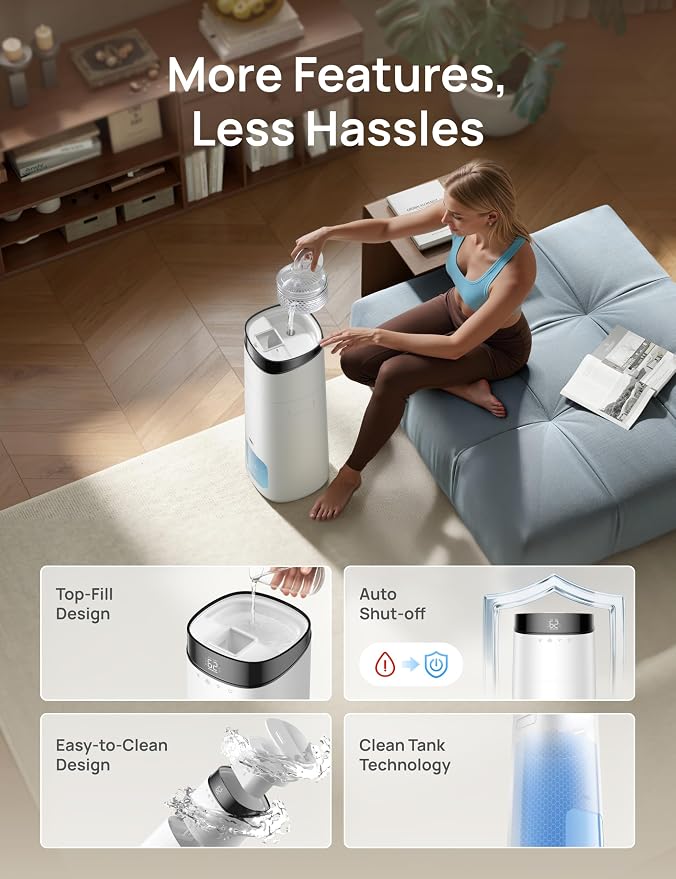DREO 16L Smart Humidifier Large Room 1000 ft², 130H Cool Mist Air Humidifiers for Bedroom Plants Baby, Top Fill, Remote/Touch/Voice & APP Control, Clean Tank Technology, 30dB, RGB Light, HM755S White - Image 7