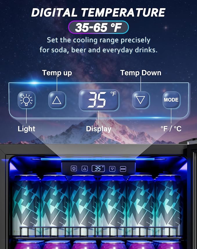 Tehanld 3.2 Cu.Ft Beverage Refrigerator, 130-Can LED Glass Door Fridge | 130 cans, 35-65°F digital temperature control, fan cooling, 3 movable shelves and an LED-lit display for home bars - Image 4