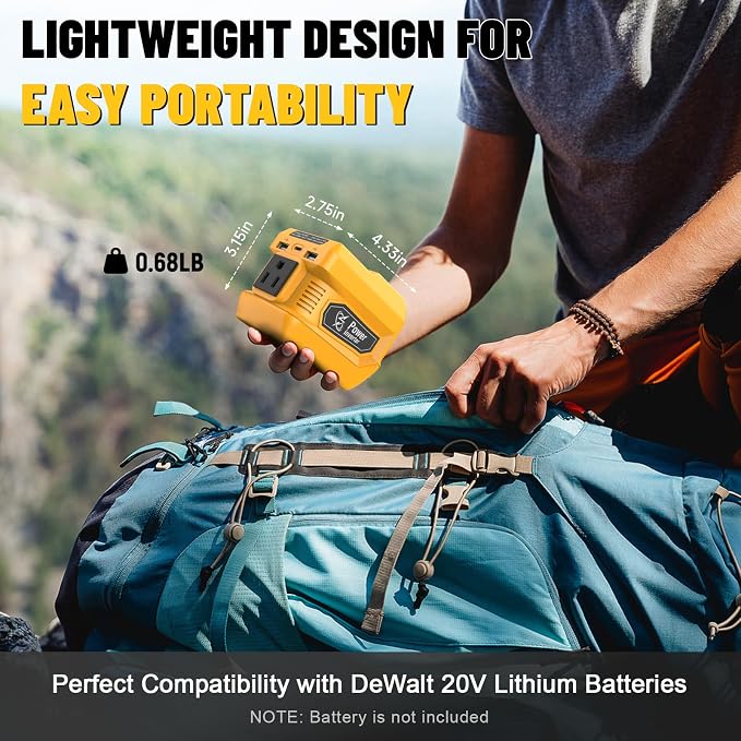 Azocek 220W Power Inverter Compatible with Dewalt 20V Battery(Battery not Included), DC 20V to AC 110V, 2 USB Ports & 1 Type-C Fast Charging, 400LM LED Work Light - Image 3