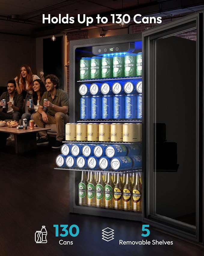 EUHOMY Mini Fridge 130 Can Beverage Refrigerator Cooler Glass Door for Soda Wine Beer, Beverage Cooler for Home, Bar, Office with Digital Temperature Control Removable Shelves, Black - Image 3