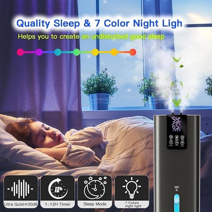 Smart Humidifiers Large Room Bedroom Home, 2.11Gal(8L) Quiet Top Fill Cool Mist Humidifier, Smart App & Remote Control, 3 Speed Humidifier with 360° Nozzle, Humidity Setting for Baby Office(Gray) - Image 7