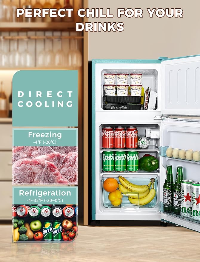 Anypro 3.2 Cu.Ft Refrigerator, Retro Double Door Fridge with Freezer, 7 Adjustable Temperature Settings, Removable Glass Shelves for Dorm, Office, Bedroom, Apartment, Blue - Image 3