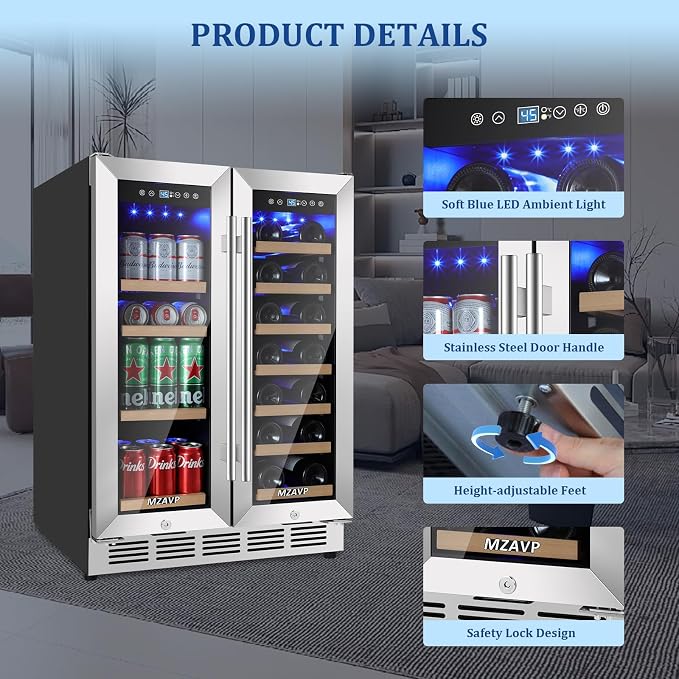 24 Inch Wine and Beverage Refrigerator, Dual Zone Wine Beverage Fridge with Glass Door, Built-In/Freestanding Beverage Cooler 24" with French Door, Holds 20 Bottles and 88 Cans for Home/Kitchen - Image 6