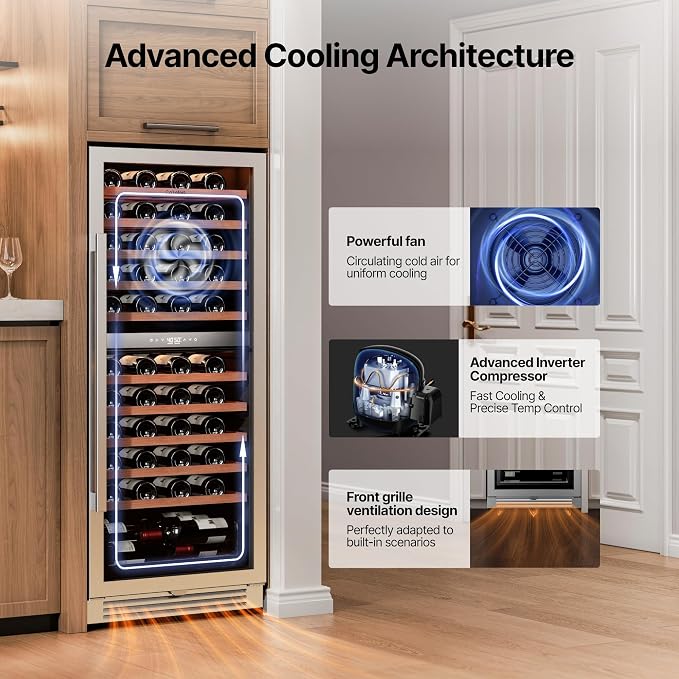 Ca'Lefort 24 Inch Dual Zone Wine Fridge, 90 Bottle Built-In Wine Cooler | 55-Inch Tall Wine Cellar, Quiet Inverter Compressor, Precise 40-65°F Temperature Control, Glide-Out Shelves & Storage Drawer - Image 6