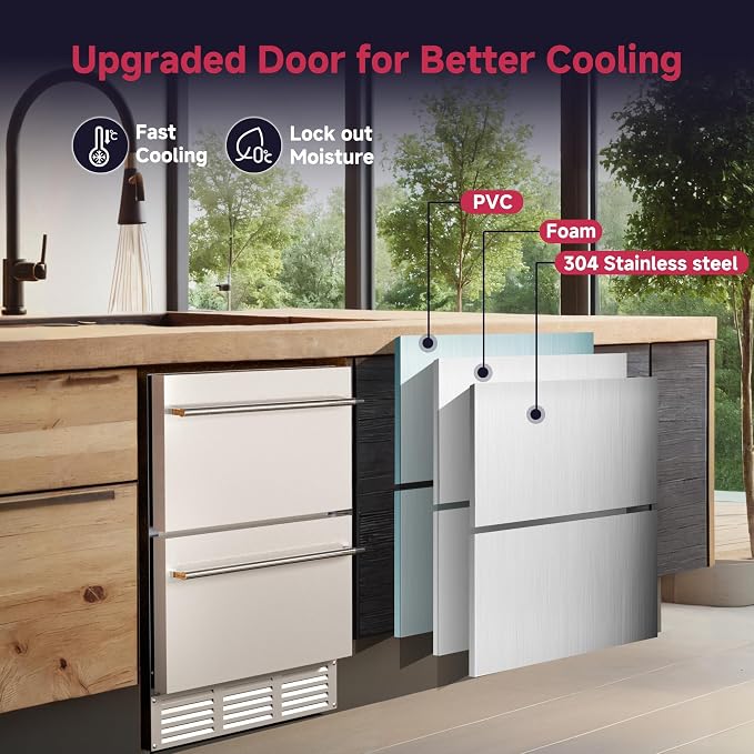 24 Inch Under Counter Drawer Fridge, Stainless Steel Beverage Refrigerator Built-In For Home & Commercial Use, Stainless Steel Silver, Outdoor Refrigerator for Soda, Beer, Wine - Image 5