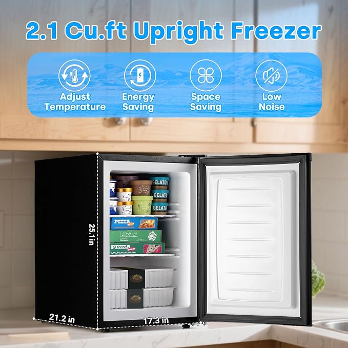 Erivess 2.1 Cu.ft Upright Freezer, Small Mini Freezer with 7 Temp Settings | Large Capacity, Energy Saving & Low Noise Free Standing Single open Door Mini Freezer for Home, Apartment, Garage, Dorms - Image 2