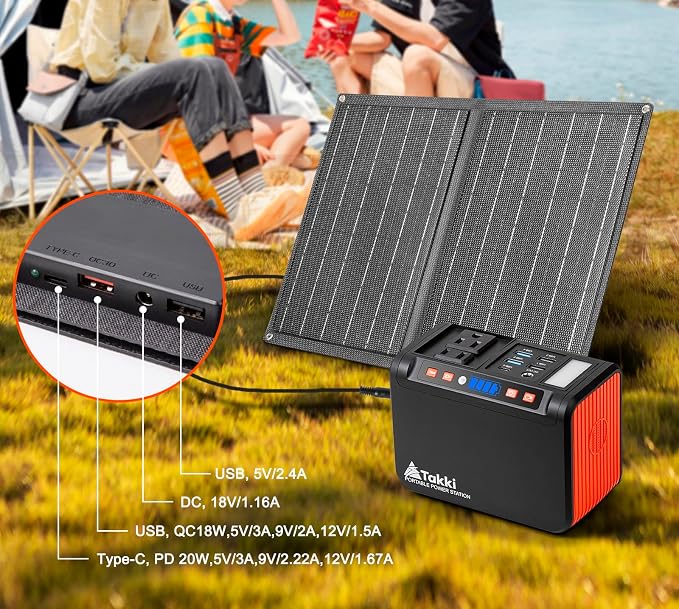 Takki 111Wh Portable Solar Generator Power Station with 21W Foldable Solar Panel, 120W Peak Solar Charger Power Bank with 110V AC DC USB Ports for Camping Emergency Outdoor Home Use - Image 4