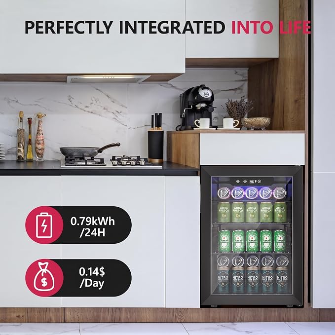 100 Can Beverage Refrigerator Cooler, 2.7 cu.ft Mini Fridge Glass Door for Beer Drinks Wines, Freestanding Beverage Fridge with Adjustable Shelves Blue LED for Home/Office/Dorm/Bar, Black - Image 6
