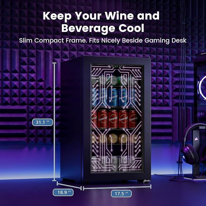 Electactic 3.2 Cu.Ft Gaming Beverage Refrigerator, LED Lighted Glass Door Compact Space-Saving, Adjustable Temperature Wine Cooler for Gaming Room - Image 7