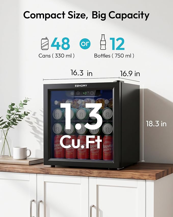 EUHOMY 48 Can Beverage Refrigerator cooler-Mini Fridge Glass Door for Beer Drinks Wines, Countertop Beverage Fridge with Adjustable Shelves Blue LED for Home/Office/Dorm/Bar, 1.3 cu.ft - Image 2