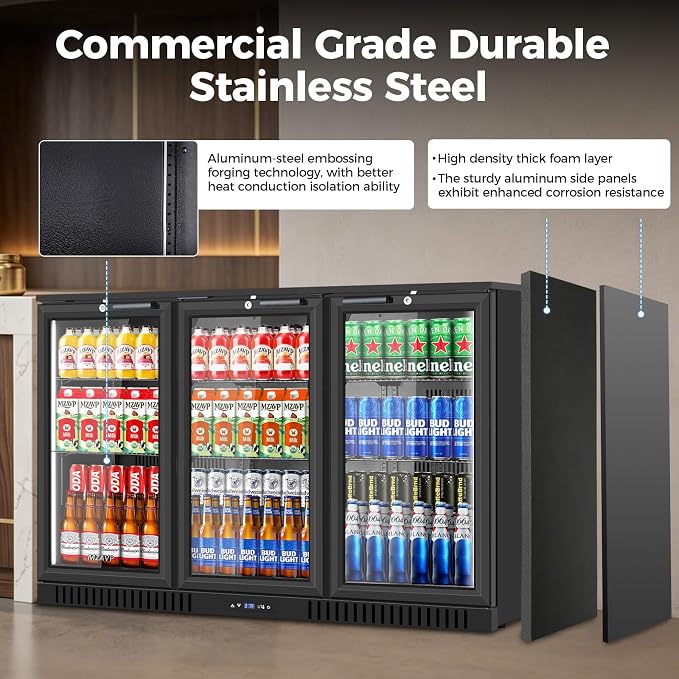 Back Bar Cooler with 3 Glass Door, 11.2 Cu.Ft Commercial Beverage Fridge, Under Counter Display Refrigerator with Safety Lock for Beer, Soda, Wine, Built-In/Freestanding for Bar Store Restaurant - Image 5