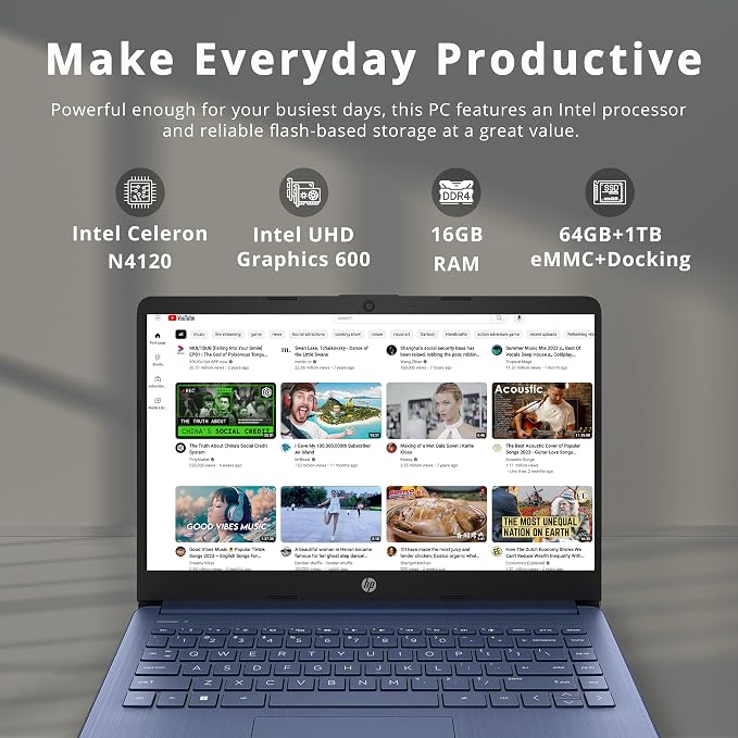 HP Stream 14" HD Student & Business Laptop, Intel Celeron N4120, 16GB RAM, 1.06TB Storage (64GB eMMC + 1TB Docking Station), Intel UHD Graphics, 1 Year Office 365, Wi-Fi 5, Win 11, Royal Blue - Image 3