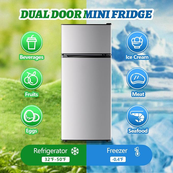 DEMULELR 4.5Cu.ft Refrigerator with Freezer Two Door Fridge with Removable Glass Shelves, Crisper Drawer & Extra Drink Space, LED Light, Apartment Size Fridge for Dorm Silver - Image 3