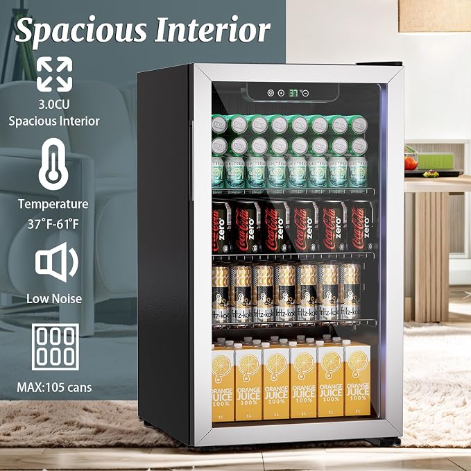 Erivess Mini Fridge 105Can Beverage Refrigerator Cooler Glass Door for Soda | 3.0 Cu Ft Drink Fridge for Home/Bar/Office with LED Display, Digital Temperature Control, Removable Shelves for Wine, Silver - Image 5