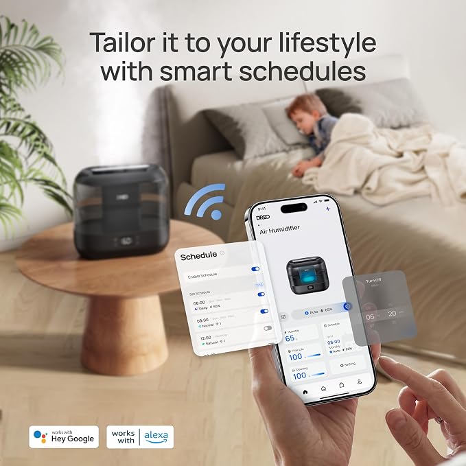 Dreo Smart Humidifiers for Bedroom, Top Fill 4L Supersized Humidifier Large Room with 28 dB, 36H Runtime, Touch/APP/Voice Control, Nightlight, Cool Mist Humidifiers for Baby, Plants, Indoor, Black - Image 9