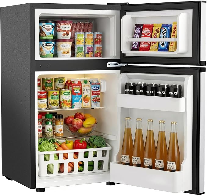 3.2 Cu.Ft Mini Fridge with Freezer, 2 Door Small Refrigerator with Adjustable Thermostat & Removable Glass Shelves, Mini Refrigerator for Dorm Office Kitchen, Silver by ICYGLEE