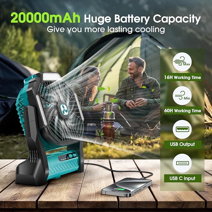 Portable Rechargeable Fan, 20000mAh Cordless Battery Powered Camping Tent Fans with LED Lantern, Small USB C Operated Outdoor Ventilador for Travel Camp Fishing Picnic Bedroom Power Outage Emergency - Image 2