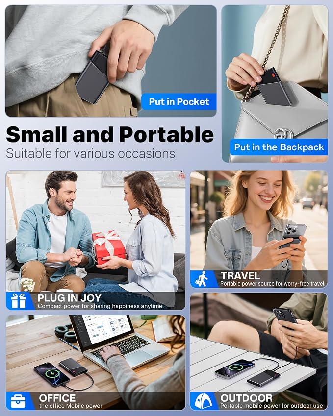 Aaoyun Portable Charger Power Bank, 10000mAh 22.5W PD Fast Charging Powerbank with Built-in USB C Cable, Slim External Phone Battery Pack for iPhone 17/16/15 Samsung S24 Android etc (Grey) - Image 8