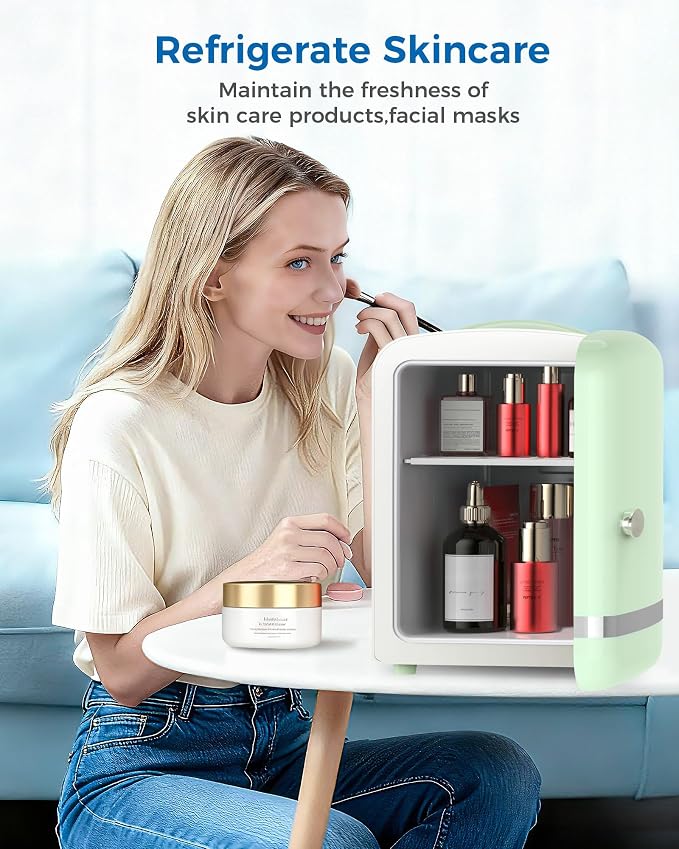 Electactic Mini Fridge for Skincare, 4L/6 Cans Portable Compact Cosmetic Fridge, Retro Desktop Fridge with AC/DC Adapters, Small Cooler and Warmer for Beverage, Makeup, Bedroom, Office, Kids, Green - Image 8