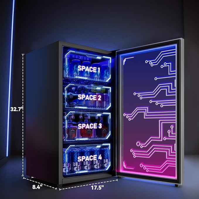 Cyberpunk Beverage Cooler, 130 Can Mini Fridge, LED Light Door, Gaming Room | Colorful LED Ambient Lighting, Freestanding for Bar & Party, Adjustable Shelves for Cans & Bottles - Image 7