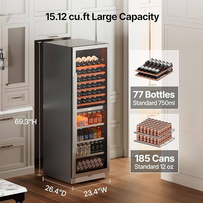 Ca'Lefort 24 Inch Dual Zone Wine & Beverage Center, 185 Can & 77 Bottle | 69-Inch Tall Wine Cellar, Quiet Inverter Compressor, 40-65°F Temperature Control, Display Shelf, Glide-Out Shelves & Drawer - Image 2