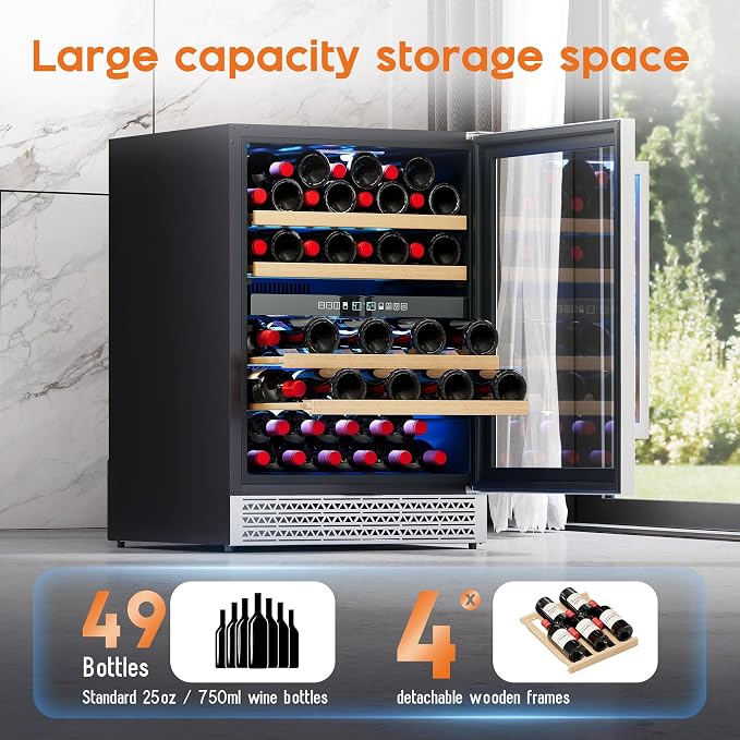 Albott 24 Inch Wine Fridge, Dual Zone 49 Bottle Wine Cooler | Includes Digital Temperature Control, Reversible Double-Layer Glass Door, Built-in or Freestanding Design, 41–68℉ - Image 2