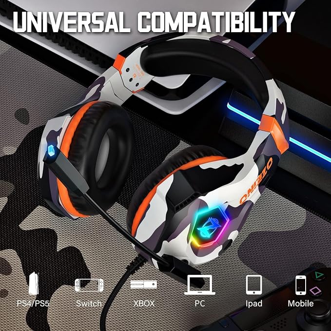 Ozeino Gaming Headset for PC, Ps4, Ps5, Xbox Headset with 7.1 Surround Sound, Gaming Headphones with Noise Cancelling Mic RGB Light Over Ear Headphones for Xbox Series X/S, Switch-Camo - Image 6