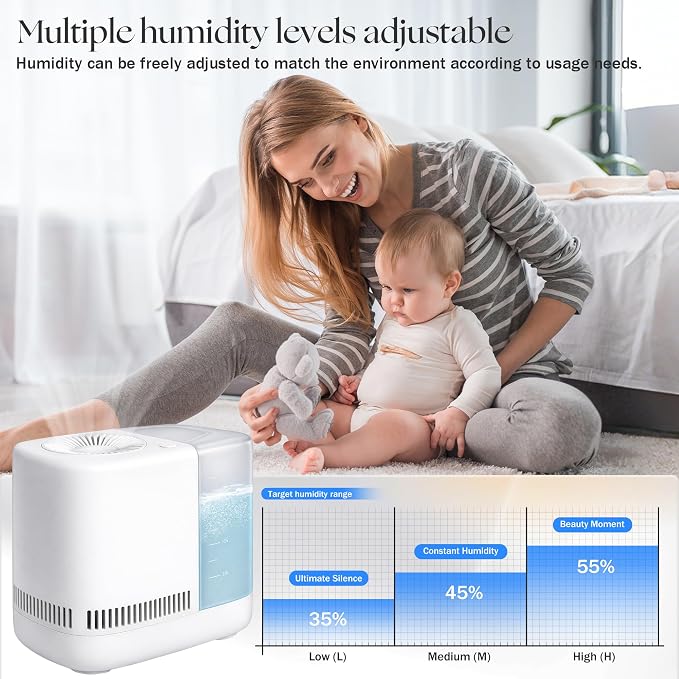 Evaporative Humidifier for Bedroom (No Mist) – Dishwasher Safe, No White Dust, Smart Remote with Sensor, Red Sleep Light, White Noise, Nursery Humidifier with 2.5L Tank, 2 Filters & Aroma Kit - Image 3
