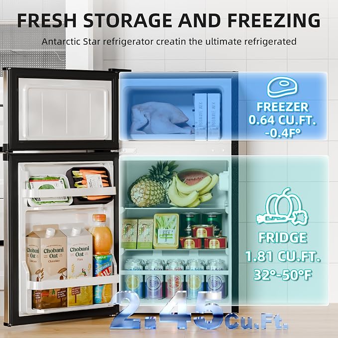 Antarctic Star Mini Fridge with Freezer, Double Door Compact Refrigerator, Adjustable Thermostat, Small Fridge for Bedroom Office Dorm Apartment, 2.45 Cu.Ft Silver - Image 3