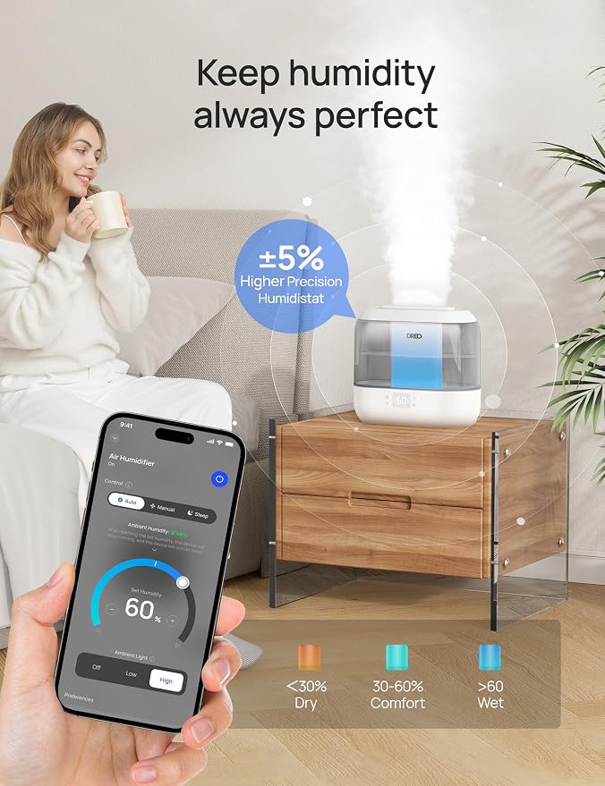 Dreo Smart Humidifiers for Bedroom, Top Fill 4L Supersized Humidifier Large Room with 28 dB, 36H Runtime, Touch/APP/Voice Control, Nightlight, Cool Mist Humidifiers for Baby, Plants, Indoor, Grey - Image 4
