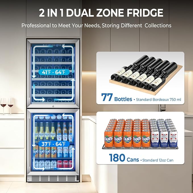 24 Inch Wide Wine and Beverage Cooler, 2 IN 1 Beverage Refrigerator with Glass Door, Dual Zone Wine Fridge Built-In/Freestanding, Beverage Wine Fridge for Home/Bar, 77 Bottle & 180 Can, Silver - Image 5