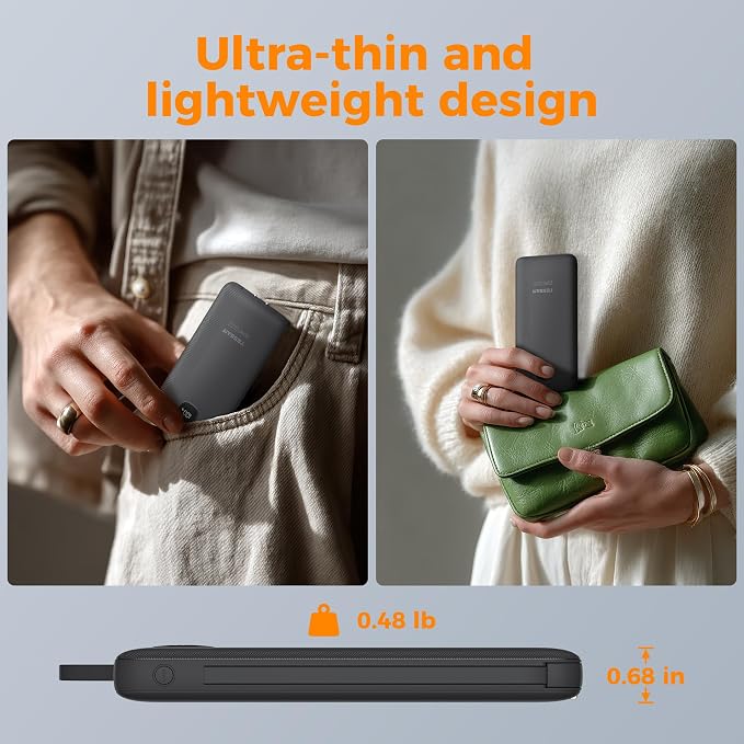 TESSAN Portable Charger with Built in Cables, 10000mAh Power Bank Fast Charging with Foldable AC Plug, PD20W Compact Battery Pack Travel Essentials for iPhone 17/16/15 Series, Samsung, Tablets, Black - Image 5