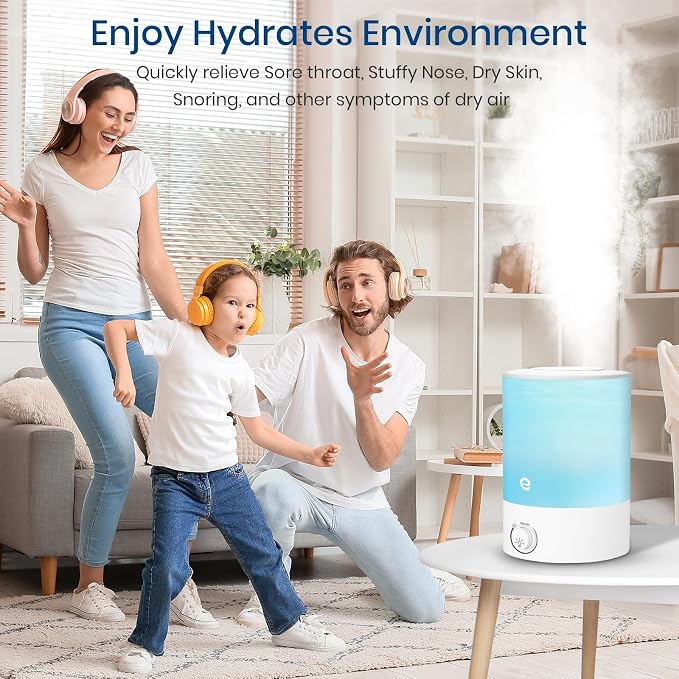 Esemoil Humidifiers for Bedroom, 2.5L Cool Mist Ultrasonic Air Humidifier with Top Fill & Quiet, 360° Nozzle, BPA Free, 25 Hour Diffuser with 8 Color Light & Auto Shut-off for Home Baby Nursery Plants - Image 3