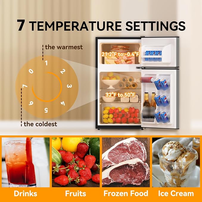 Mini Fridge with Freezer 3.2 Cu.Ft. 2 Door Refrigerator and Freezer Small Fridge for Bedroom Home Office Dorm, Small Drink Chiller, 37 dB Low Noise, Stainless Steel - Image 6