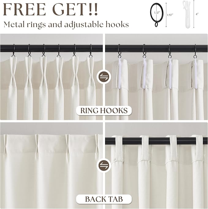 Pinch Pleated Thick Linen Curtains 96 Inch 4 Panels Set Ivory Cream Memory - Image 5