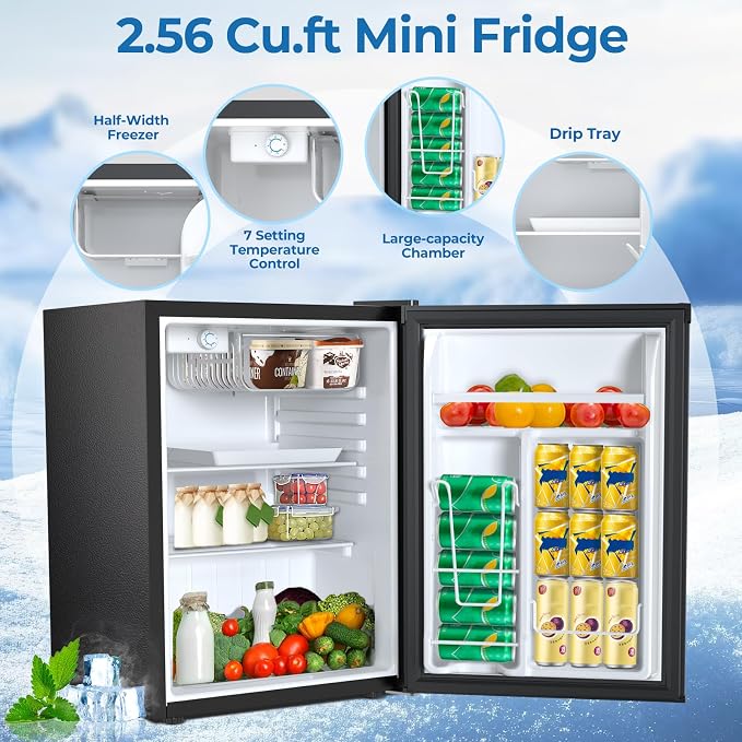 Electactic Compact Refrigerator 2.56 Cu.ft Mini Fridge with Freezer, Single Door Refrigerator with Adjustable Temperature Settings, Low noise, for Bedroom, Office, Dorm - Image 3