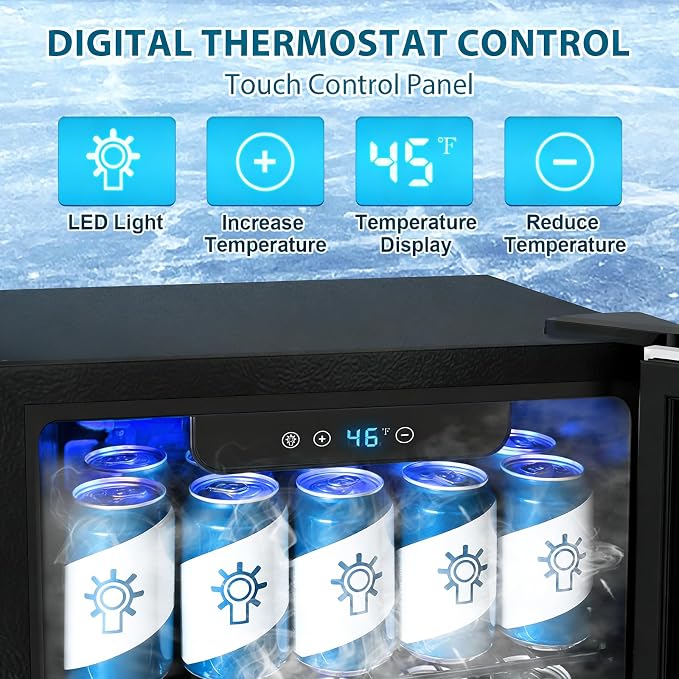 Electactic 48 Can Beverage Refrigerator,12 Bottle Wine Cooler with Seamless Stainless Steel & Glass Door, Digital Temperature Display, Countertop Mini Fridge for Soda, Wine or Beer, Silver - Image 4
