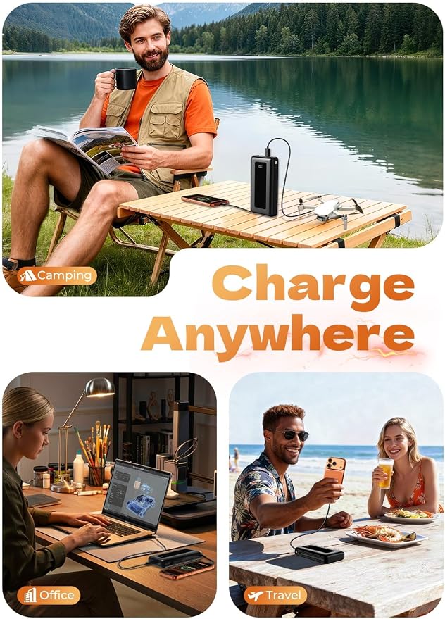 Power Bank, 50000mAh Portable Charger, Travel Camping Essential Battery Pack with Built-in Cables, PD 22.5W Fast Charging, Large Capacity Portable Phone Charger, Jet Black - Image 7