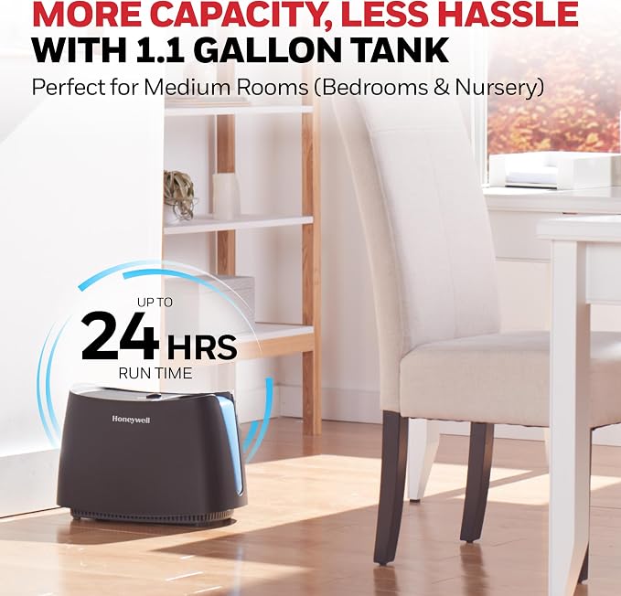 Honeywell Cool Moisture Humidifier For Bedroom, Medium Rooms, 1.1 Gallon, Invisible Moisture Humidifier for Baby, Kids, Quiet, Easy to Clean, UV Technology, Black, HCM350B - Image 7
