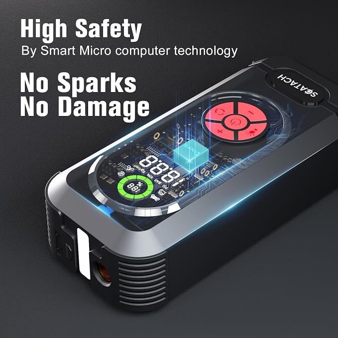 6000A Jump Starter with Air Compressor, Car Battery Jump Starter Portable (10.0 Gas/10.0L Diesel), 150 PSI 12V Car Battery Jump Box with Tire Inflator, Jumper Cables, LED Light, LED Display - Image 7