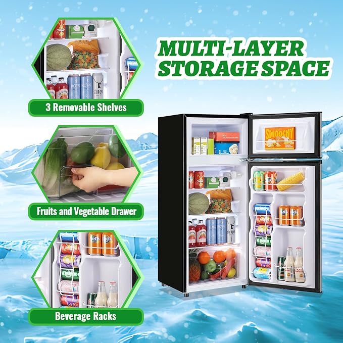 DEMULELR 4.5Cu.ft Refrigerator with Freezer Two Door Fridge with Removable Glass Shelves, Crisper Drawer & Extra Drink Space, LED Light, Apartment Size Fridge for Dorm Silver - Image 7