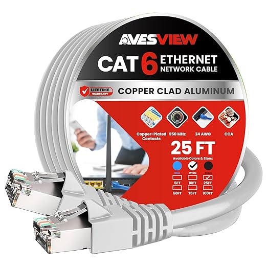 CAT 6 Shielded Ethernet Cable 25 FT, Indoor High-Speed 10Gbps Snagless 25FT by AvesView