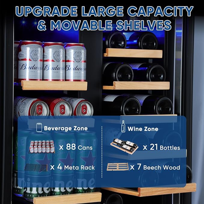 Wine and Beverage Refrigerator 24", Dual Zone Wine & Beverage Cooler with Glass Door and French Door, Built-In/Freestanding Wine and Beer Fridge Holds 21 Bottles & 88 Cans for Home/Bar - Black - Image 5