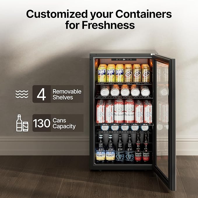Ca'Lefort 130 Cans Mini Fridge, Beverage Refrigerator Cooler for Drink/Beer | 3.35 Cu.ft, Low-noise, Reversible Glass Door, 3-Color LED Lighting, Adjustable Shelves, 34℉ to 54℉ | Home Dorm Office Kitchen - Image 5